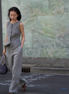 Cha 官方 | Cortana 25春夏 LUPE 染条纹亚麻布高腰长裤马甲套装