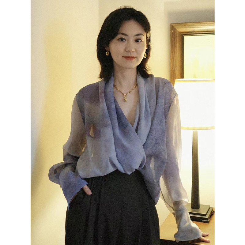 io蓝紫长袖衬衫新中式