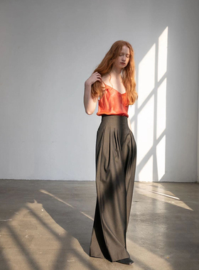 Cha 官方 | io adesso futura 深燕麦羊毛收腰阔腿裤