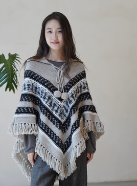 Cha官方 |Antik Batik 25秋冬 JAQ 羊驼毛条纹系带流苏披肩围巾