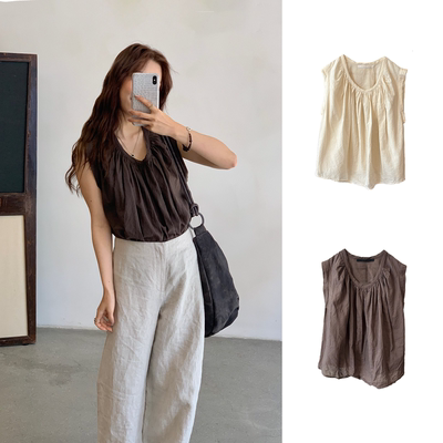 Cha 官方 | Elsa Esturgie 26春夏 pastel 棉麻抽褶U领上衣