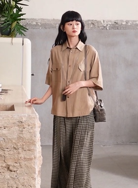 Cha 官方 | Aviva Jifei Xue 咖啡染色丝棉工装短袖衬衫