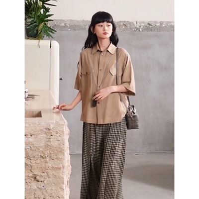 Aviva咖啡染式棉工装短袖衬衫