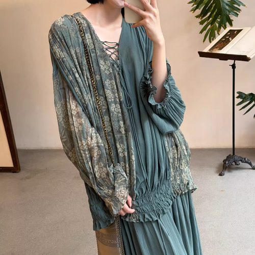 Cha 官方 | Mutedance 25AW 植物染真丝印花假两件抽褶宽松连衣裙