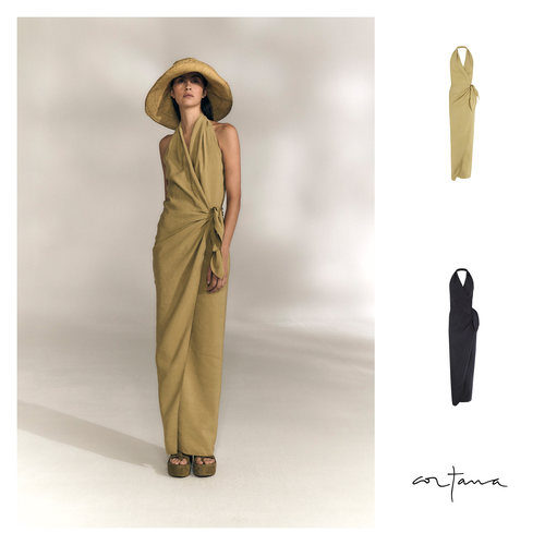 Cha官方｜Cortana 26春夏 MONA DRESS真丝亚麻混纺系带裹身连衣裙