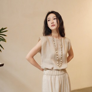 官方 粘纤亚麻混纺提花条纹无袖 Cortana ELLIS 上衣 26早春 Cha