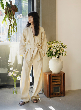 Cha 官方 | Cortana Ida丝麻混纺灰色条纹西装外套/长裤