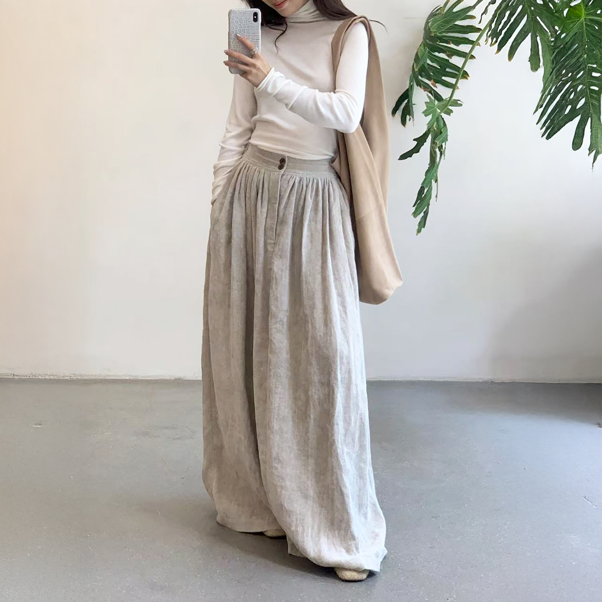 Cha 官方 | Aviva Jifei Xue 25秋冬 原色亚麻丝绒舒适松紧腰半裙