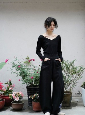 Cha 官方 | Cortana perfect 黑色亚麻高腰月亮神裤