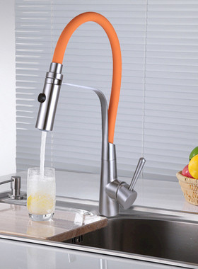 栢颐家橙色灰色系拉丝厨房冷热龙头加高抽拉伸缩按键双模式花洒起