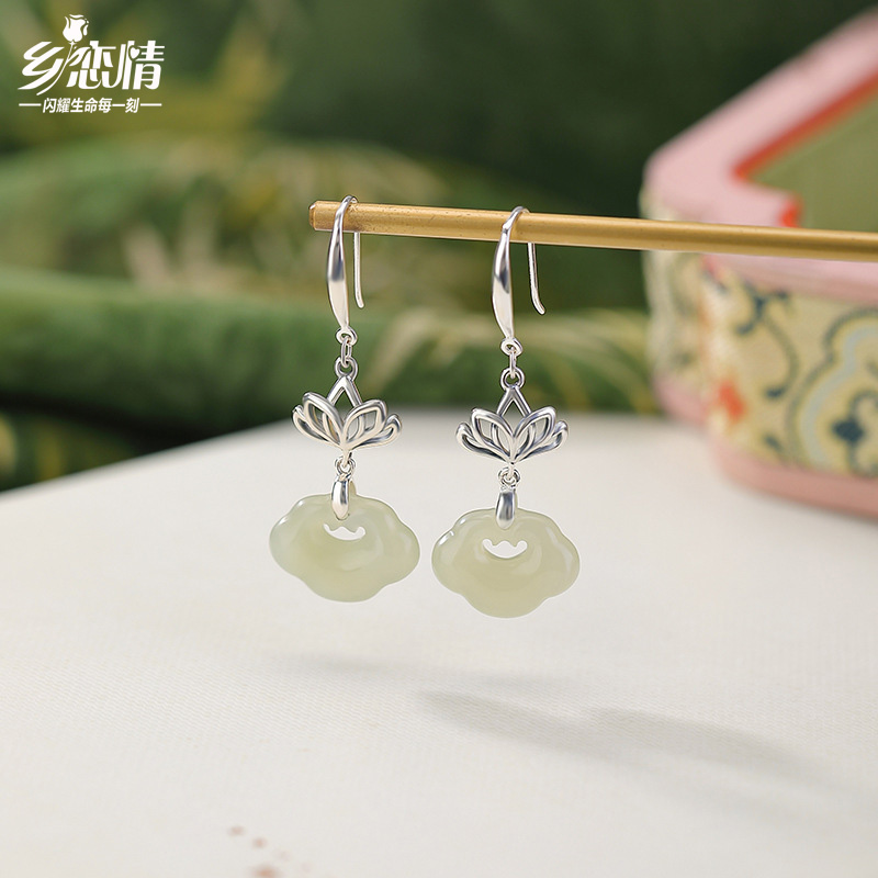 S925纯银天然和田玉如意耳坠
