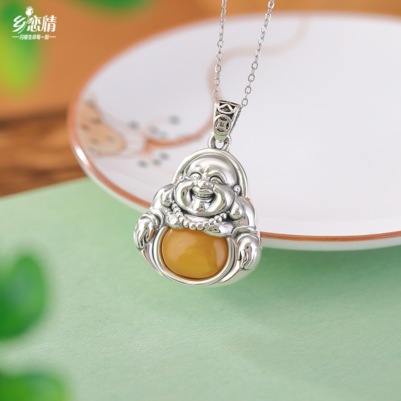 足银999蜜蜡笑口弥勒佛莲花大肚佛复古百搭精致感挂坠吊坠项链