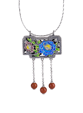 方形长命锁流苏吊坠足银