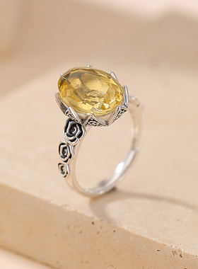 天然黄水晶戒指S925纯银