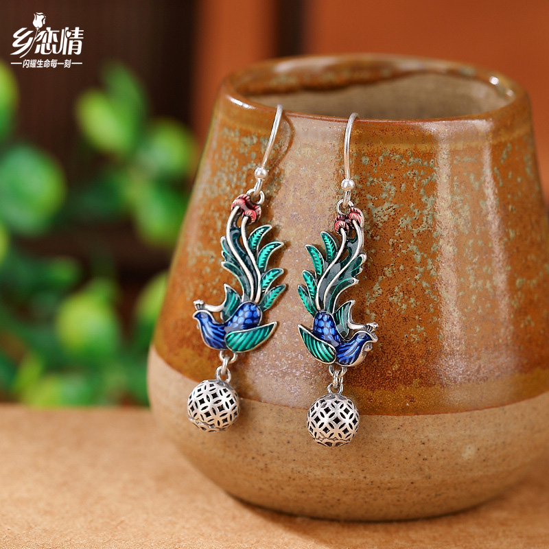 S925纯银复古做旧国潮景泰蓝凤凰钱币镂空耳坠民族风银耳钩耳环