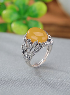 乡恋情S925纯银蜜蜡复古做旧繁花似锦蛋面戒指气质国风镂空银指环