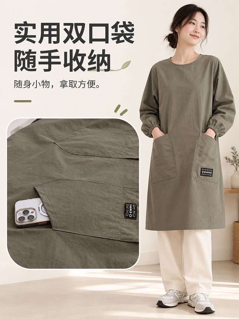简约光滑工装纯色圆领长袖罩衣大口袋宽松休闲厨房防水防油工作服