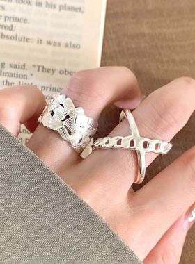 【两件包邮】时尚个性戒指女几何百搭交叉线条麻花开口指环镂空网