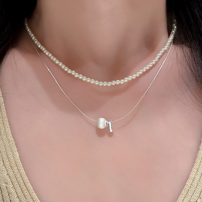 S925镀银简约拉丝圆球吊坠项链女百搭叠戴气质几何不规则锁骨链冷