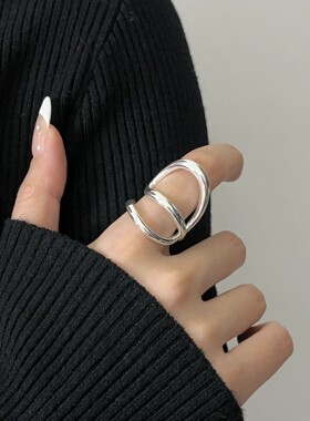 S925镀银简约几何线条缠绕戒指女个性夸张嘻哈朋克创意开口指环小