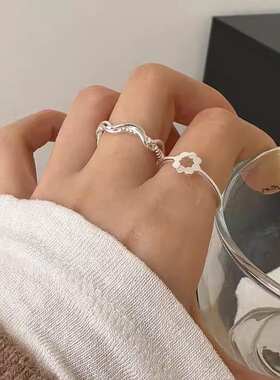 S925镀银甜美小巧精致花朵戒指女几何线条缠绕个性开口指环小众清
