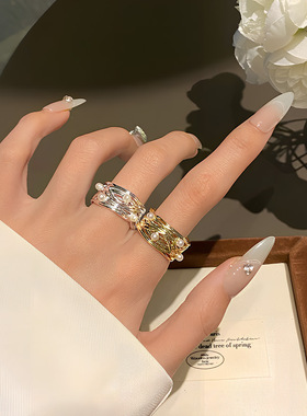 S925镀银多层线条缠绕戒指女轻奢仿珍珠点缀气质开口指环ins风小