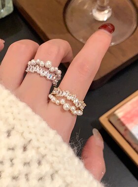 S925镀银星河璀璨满天星仿珍珠双层开口戒指女时尚个性百搭镀银食