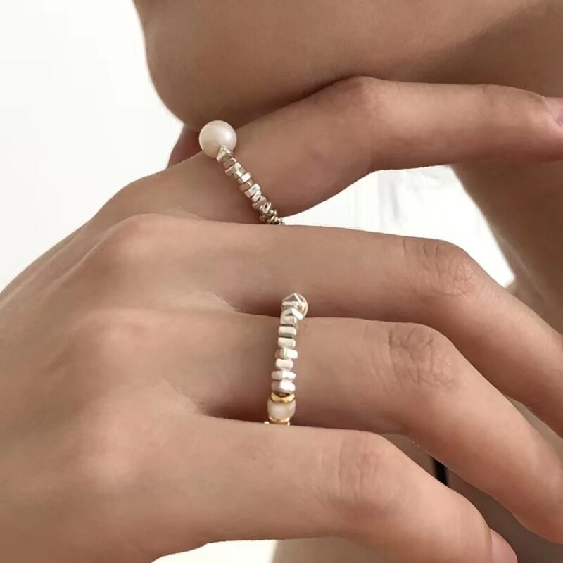 碎银几两珍珠戒指女韩版叠戴甜酷S925银ins小众气质网红食指环潮