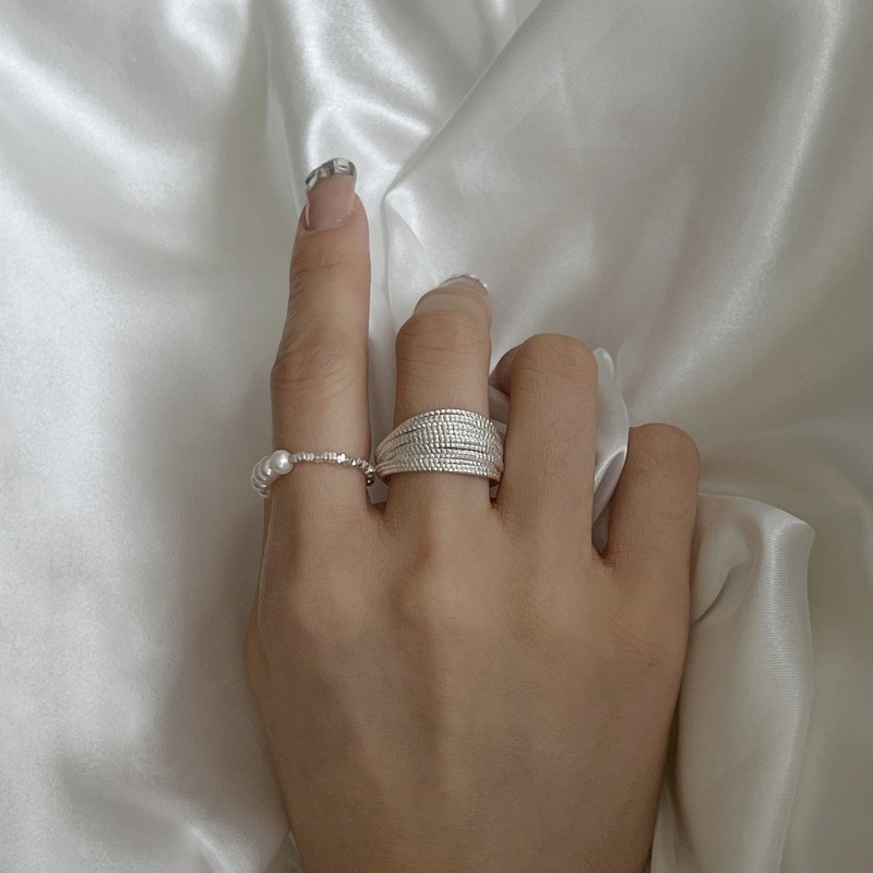 多层线条缠绕戒指女珍珠碎银法式个性S925银指环ins小众食指戒潮