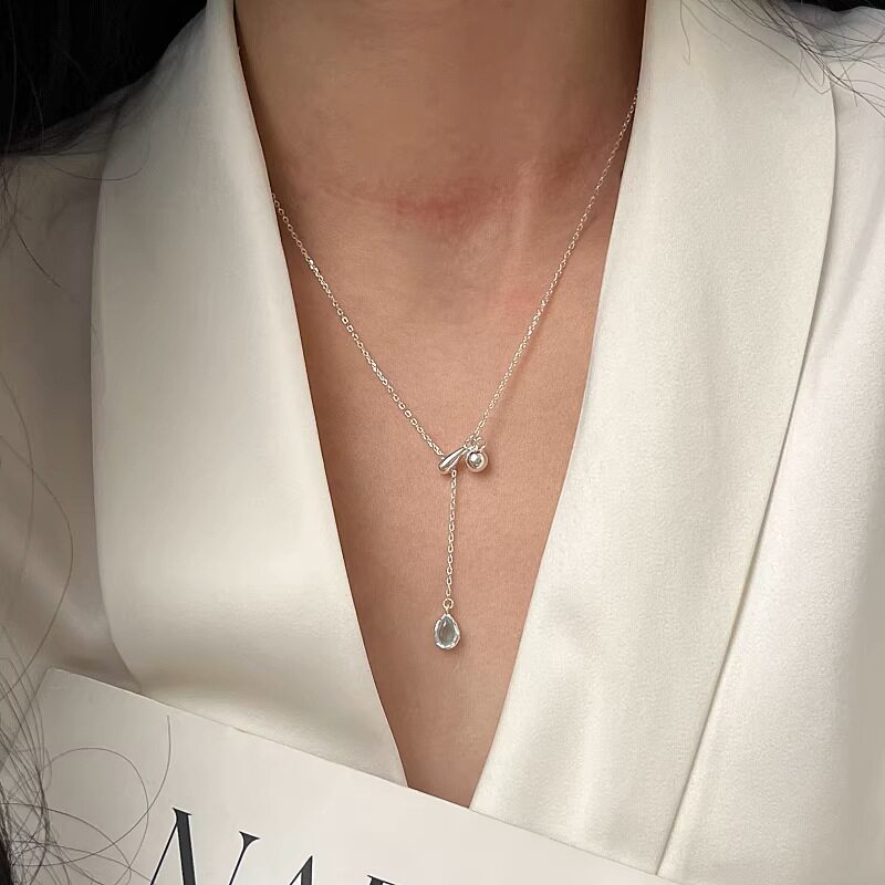 S925镀银简约甜美蓝水滴流苏项链女时尚百搭气质优雅锁骨链ins风