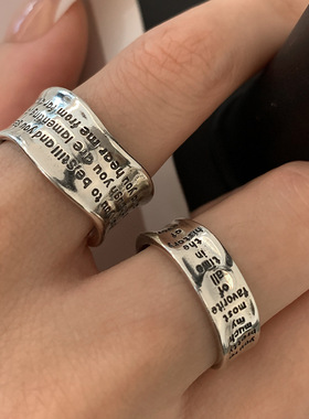 S925镀银字母环绕宽边戒指女复古时尚重工个性嘻哈时尚气质开口指