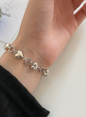 【两件包邮】韩版S925做旧爱心手链女复古时尚气质嘻哈一串桃心手