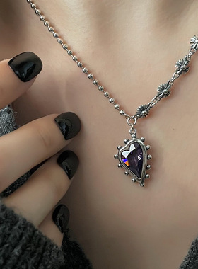 【两件包邮】韩版S925镀银十字军花项链女复古时尚重工紫宝石心型