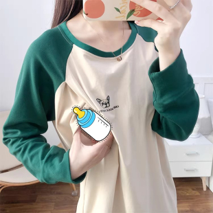 外穿潮妈喂奶衣春秋装 哺乳上衣外出长袖 辣妈款 纯棉薄款 T恤春夏季