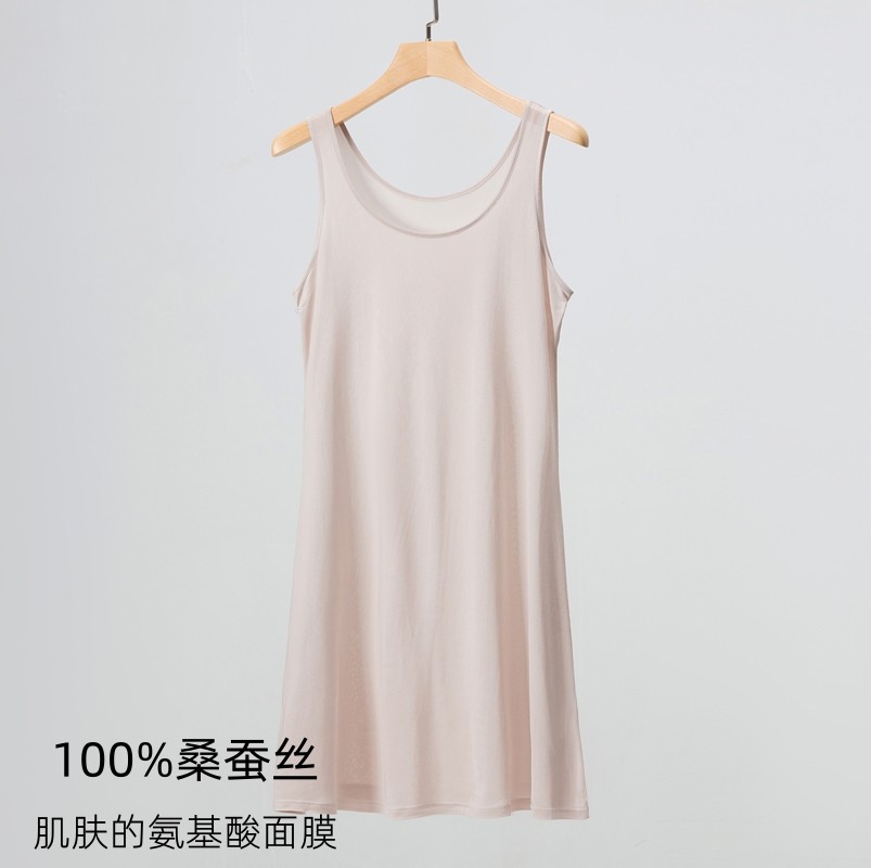 100%桑蚕丝女无袖圆领背心裙真丝薄款夏吊带睡裙打底防透衬裙日单