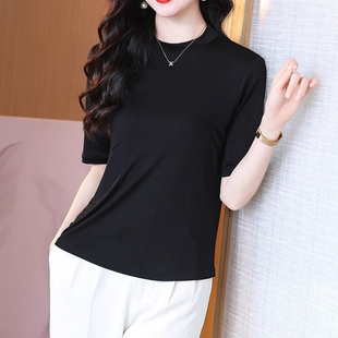 微瑕次品清仓100%桑蚕丝女半高领中袖上衣42针真丝轻加捻薄款T恤