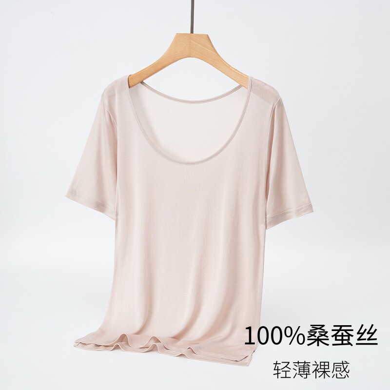 100%桑蚕丝女低圆领短袖薄款T恤针织真丝舒适透气打底衫上衣
