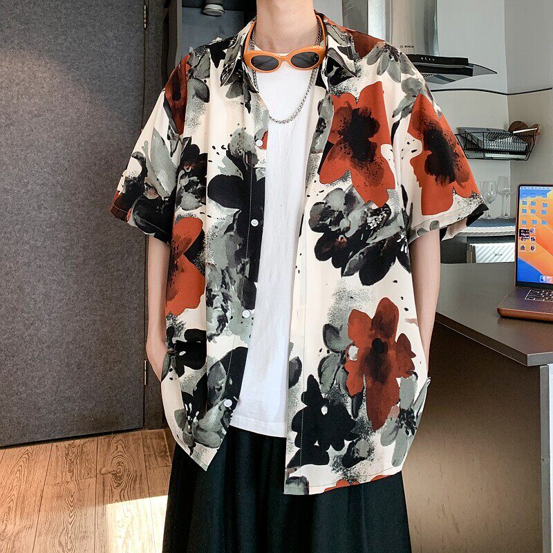 酒店风夏冰丝二开港风大码复古碎花短袖衬衫花衬衣男C658P40控58，男装T恤，电商A029