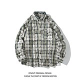 24冬新款白底日系港风破洞格子长袖衬衫衬衣外套男C626P78控108，男装衬衫，电商A029