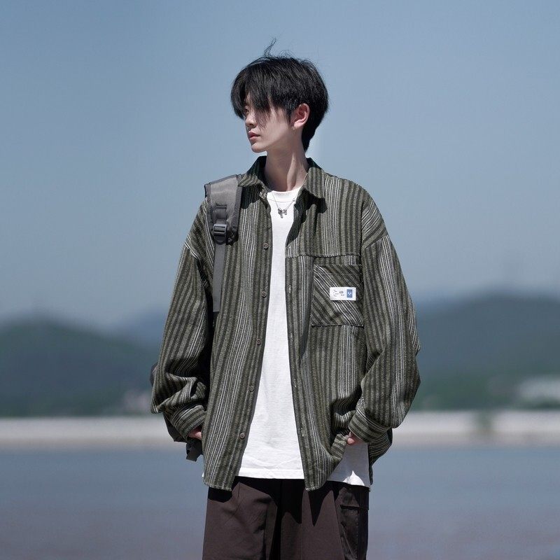 相机片冬新款大码港风条纹长袖衬衫衬衣外套男C627P55控78，男装衬衫，电商A029