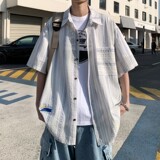 夏季外景新款港风大码士短袖衬衫条纹衬衫C616P45控58，男装T恤，电商A029