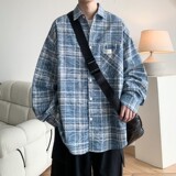 新款港风大码印花格子长袖衬衫衬衣男C622P58控88成分棉100，男装衬衫，电商A029