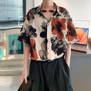 酒店风夏冰丝二开港风大码复古碎花短袖衬衫花衬衣男C658 P40控58图片