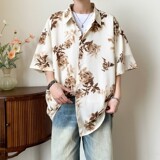 店主风夏二开冰丝港风大码复古碎花短袖衬衫花衬衣男C659P40控58，男装T恤，电商A029