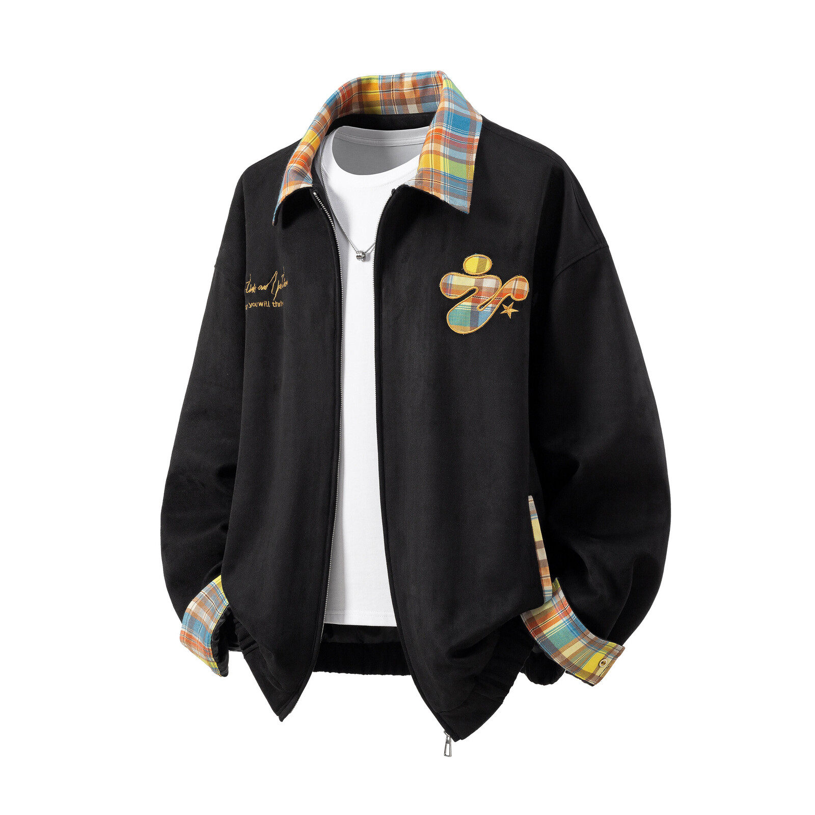 原创抖音白底立体图大码绣花撞色夹克外套棒球服男J871P80控128，男装夹克，电商A029