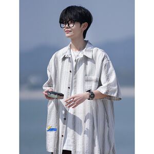 相机片新款港风大码男士短袖衬衫条纹衬衫男C616 P45 控58图片