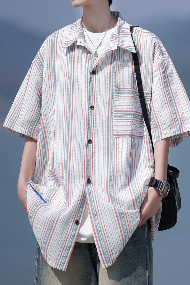 相机片新款港风大码男士短袖衬衫条纹衬衫男C616P45控58,男装T恤,电商A029