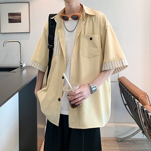 酒店风二开港风大码冰丝拼接短袖衬衫纯色衬衣男C656 P45 控58图片
