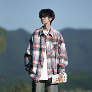相机片高街时尚港风印花风格格子长袖衬衫衬衣男C620 P55 控78图片