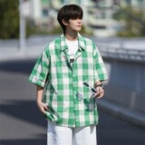 早起风格二开港风相机片大码格子短袖衬衫衬衣男C652P45控58，男装T恤，电商A029